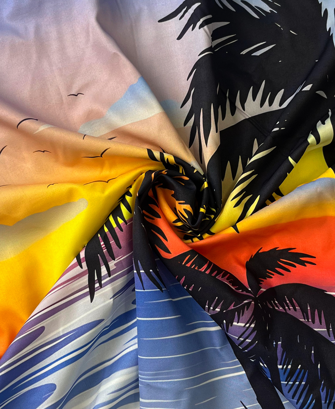 Men's Hawaiian Beach Sunset Print Button Down Shirt, Short Sleeve, Tropical Palm Trees Design