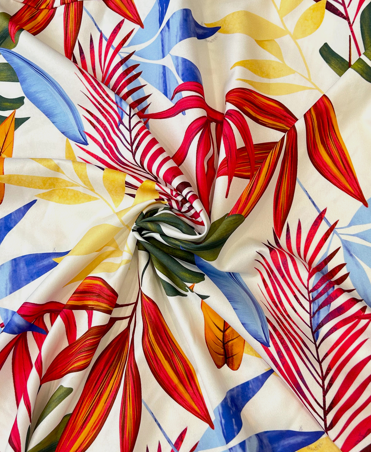 Men's Tropical Print Hawaiian Shirt, Short Sleeve Button Down, White with Colorful Palm Leaves