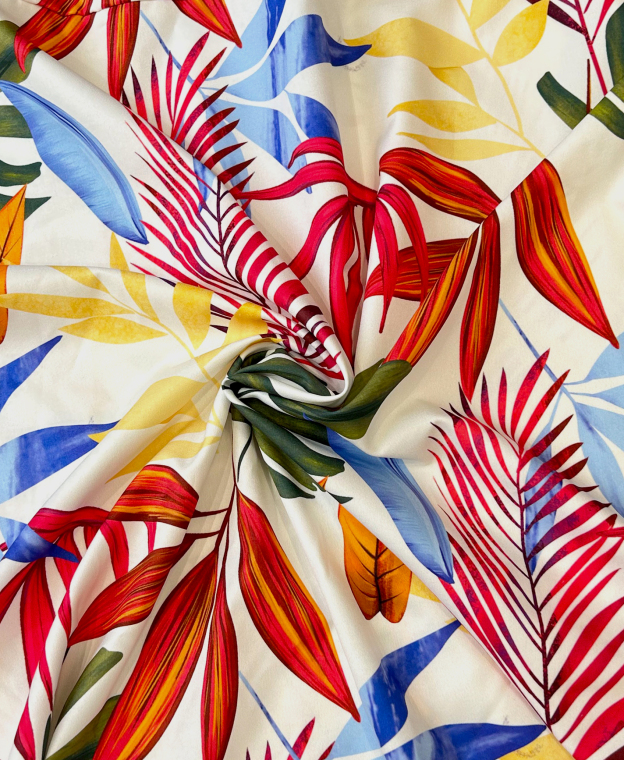 Men's Tropical Print Hawaiian Shirt, Short Sleeve Button Down, White with Colorful Palm Leaves