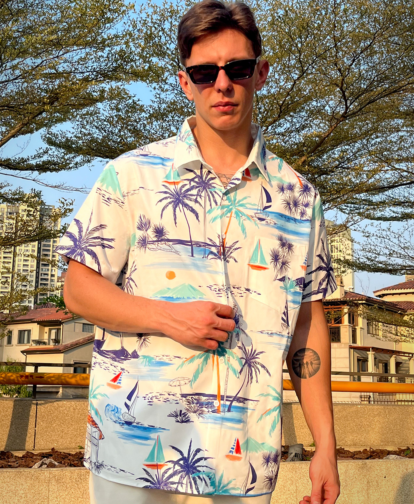 Men's Hawaiian Print Shirt, Short Sleeve Button Down, Tropical Palm Trees and Sailboats Pattern, White