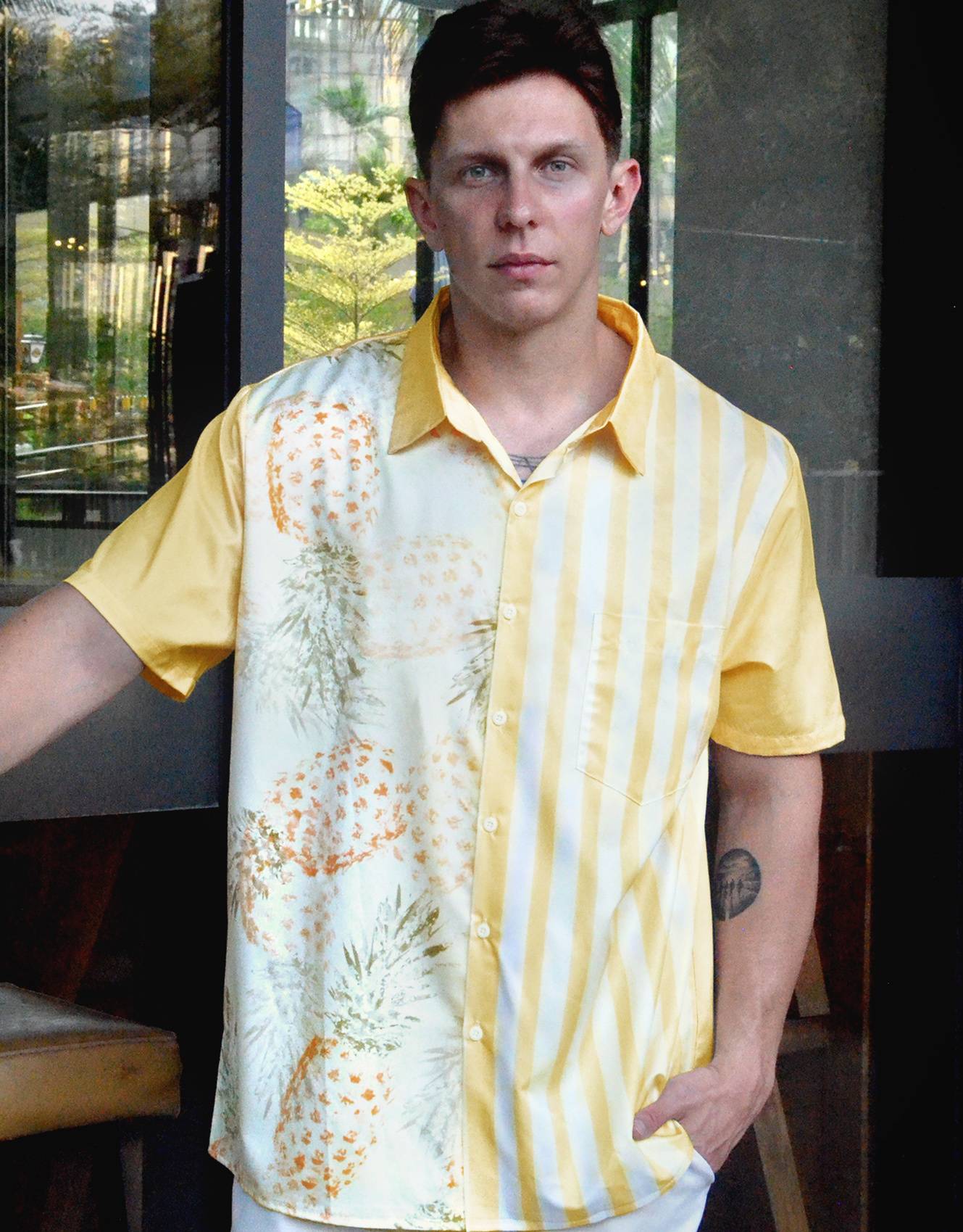 Men's Short Sleeve Button Down Shirt, Pineapple and Stripe Print, Yellow and White