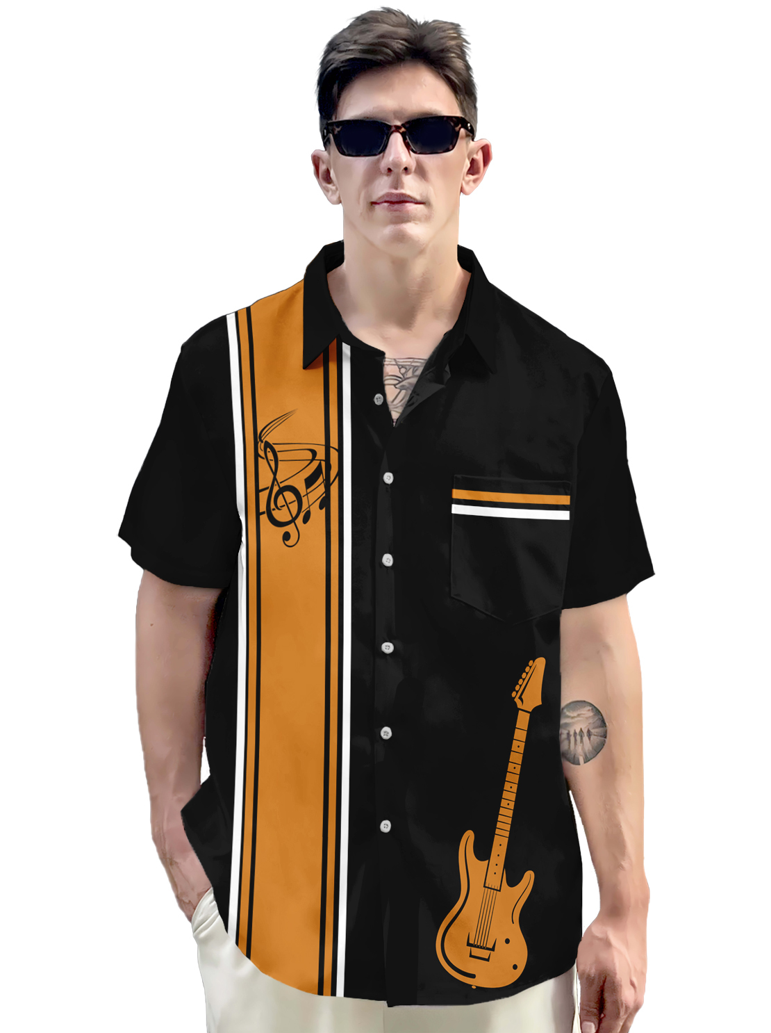 Men's Music Guitar Print Button Down Shirt, Short Sleeve, Black and Orange Striped, Casual Hawaiian Style