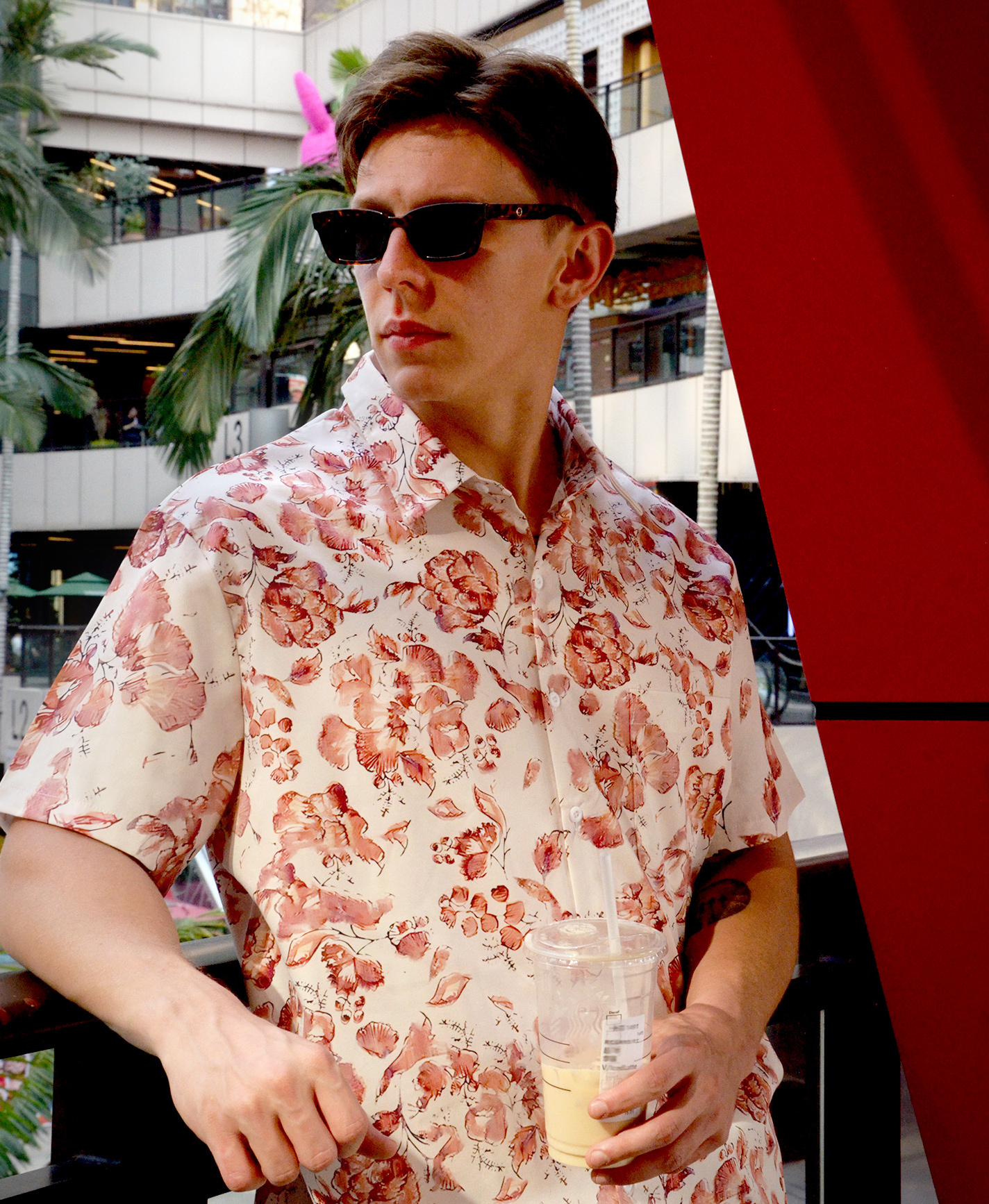Men's Floral Print Short Sleeve Button Down Shirt, White and Coral Pink, Casual Hawaiian Style
