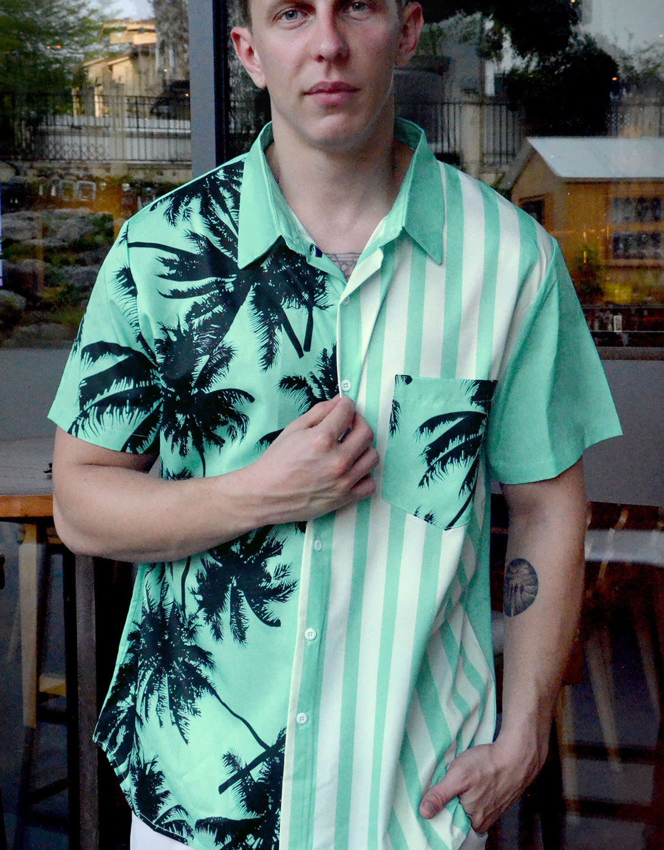 Men's Hawaiian Shirt, Palm Tree Print, Striped Design, Short Sleeve Button Down, Mint Green