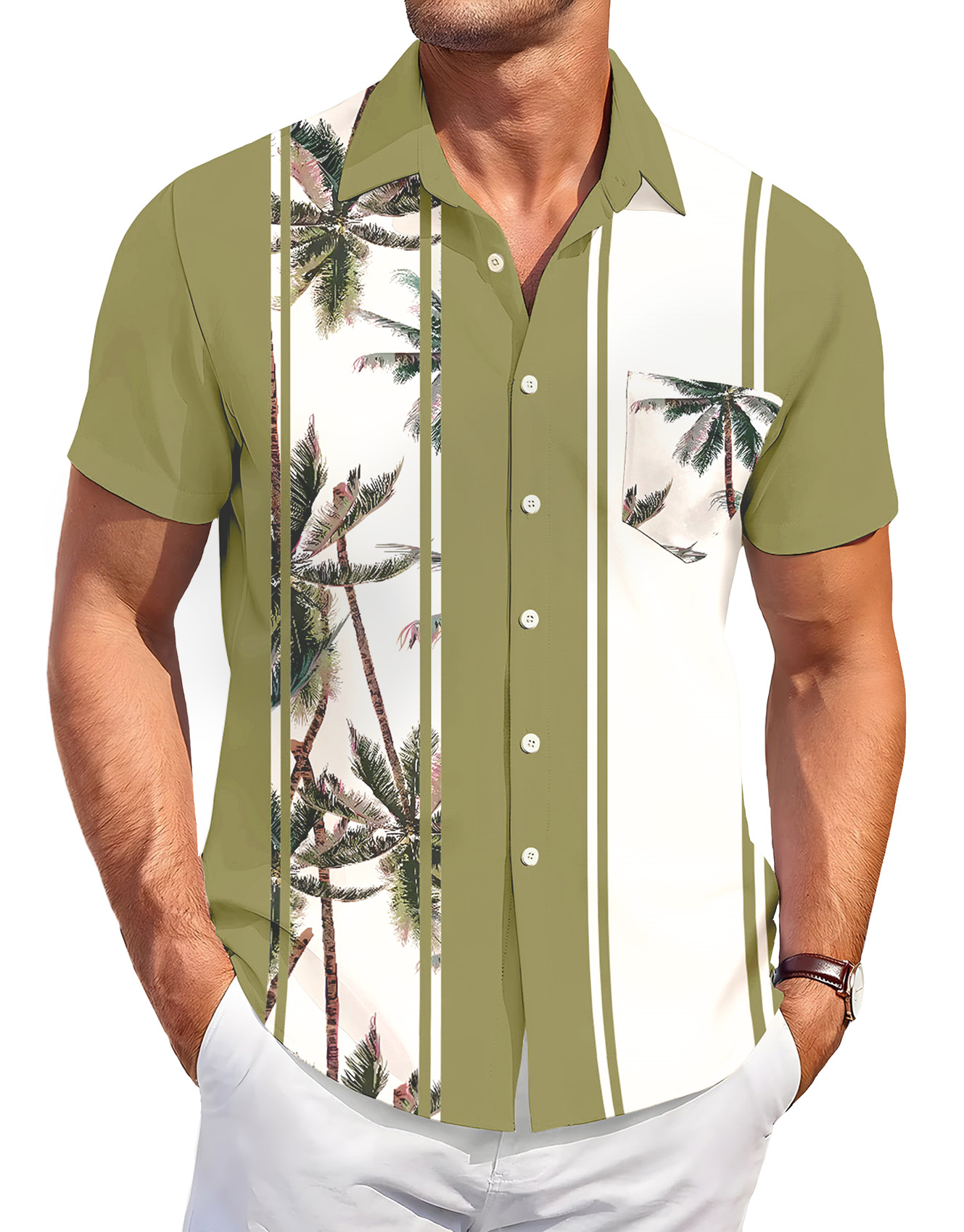 Men's Hawaiian Palm Tree Print Button Down Shirt, Short Sleeve, Olive Green, Casual Beach Style