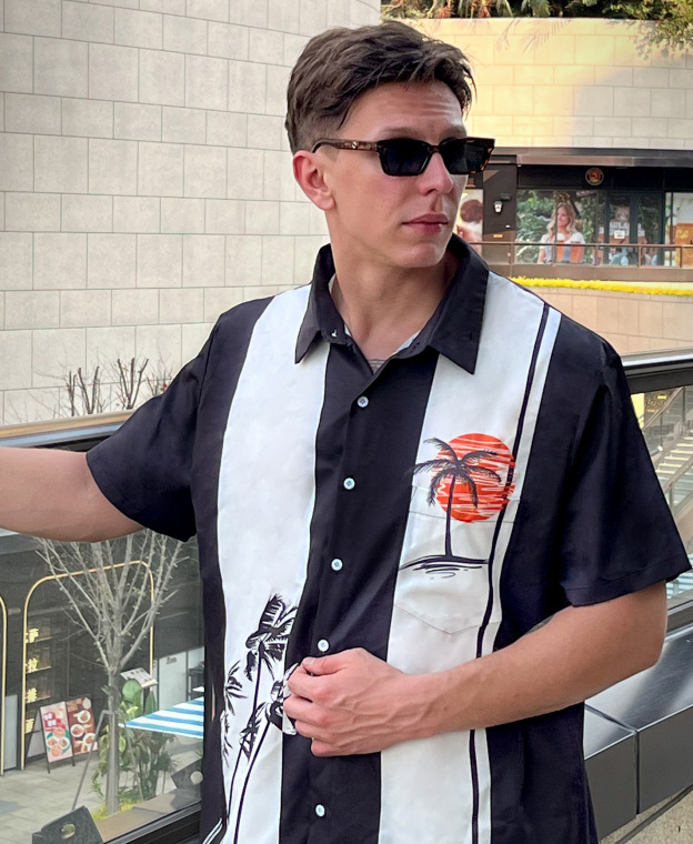 Men's Hawaiian Beach Button Down Shirt, Palm Tree Print, Black and White with Orange Sunset, Short Sleeve