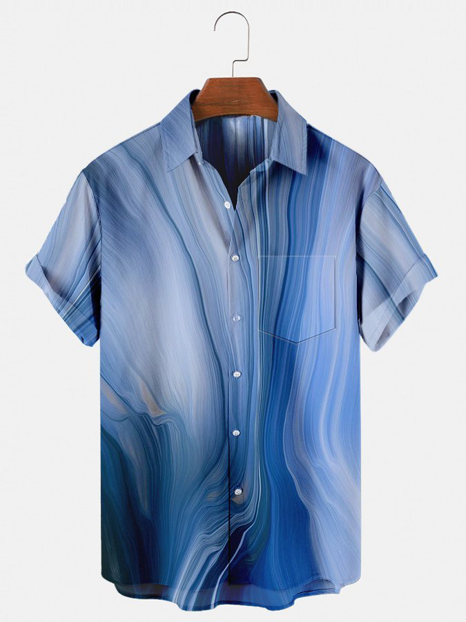 Men's casual art texture printed lapel short sleeved pocket shirt