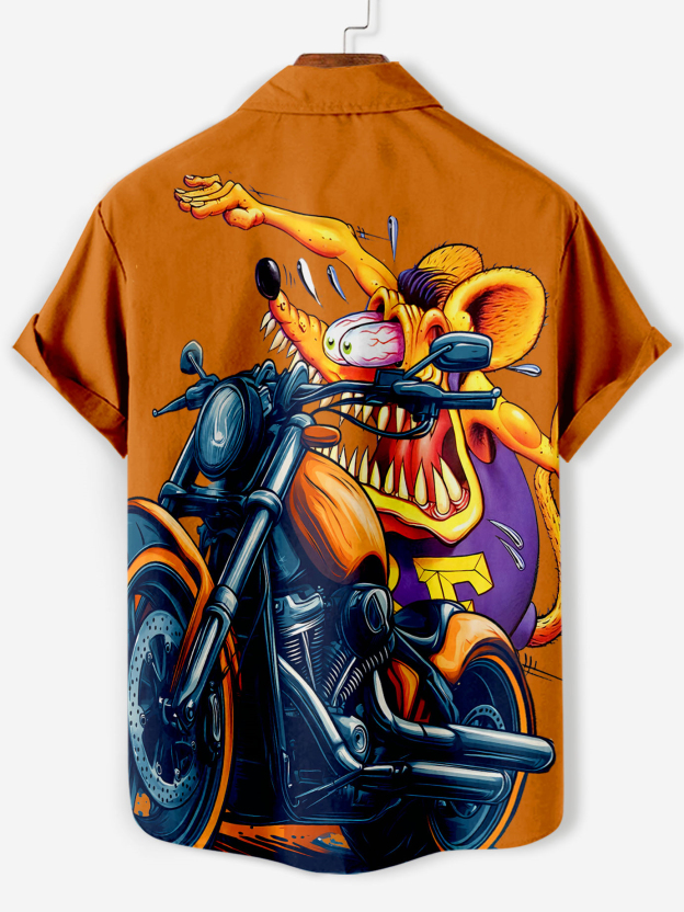 Men's retro cartoon motorcycle element rat fink short-sleeved shirt