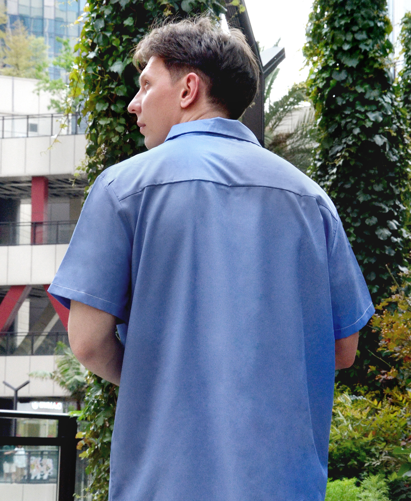 Men's Hawaiian Palm Tree Print Button Down Shirt, Short Sleeve, Blue and White