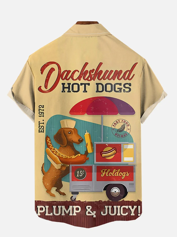 Vintage BBQ Dachshund and Hot Dog Cart Print Short Sleeve Shirt