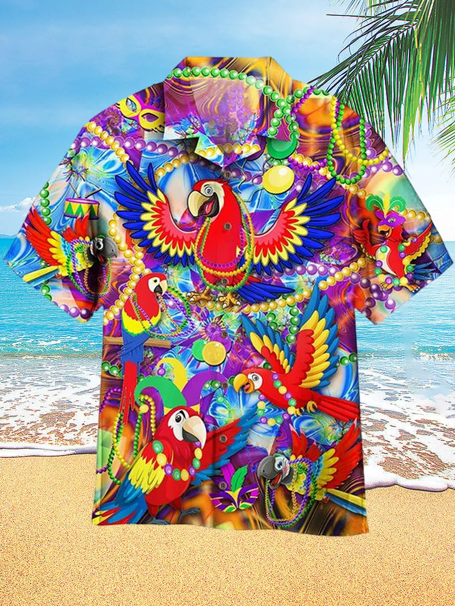 Mardi Gras Parrot Print Holiday Hawaiian Short Sleeve Shirt