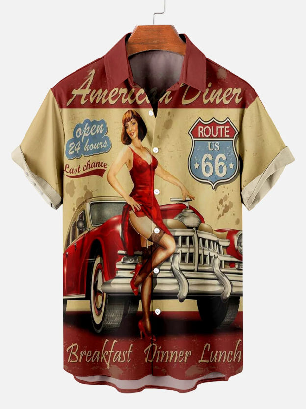 Men's Retro Road Beauty and Car Print Short Sleeve Shirt