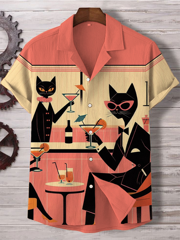 Men's Cats Cocktail Print Casual Linen Blend Shirt