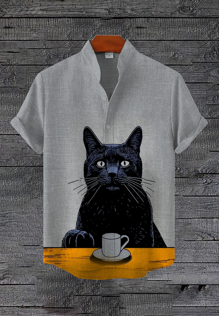 Men's Chill Black Cat With Coffee Art Print Linen Blend Shirt