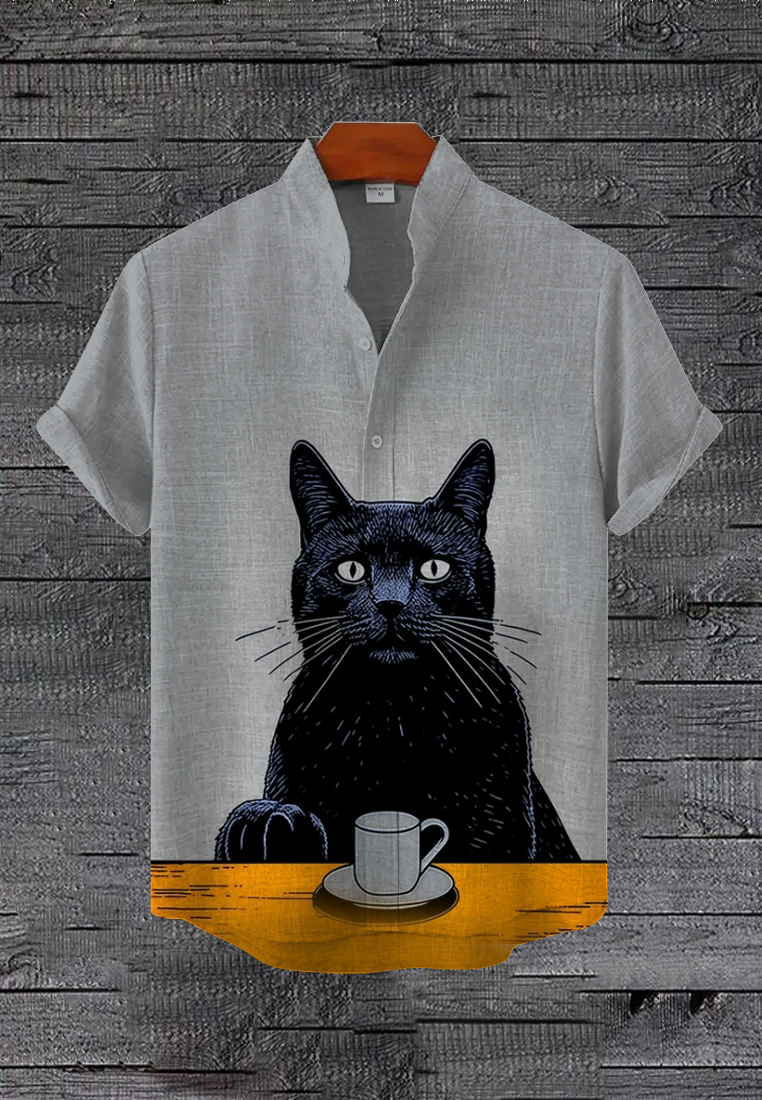 Men's Chill Black Cat With Coffee Art Print Linen Blend Shirt