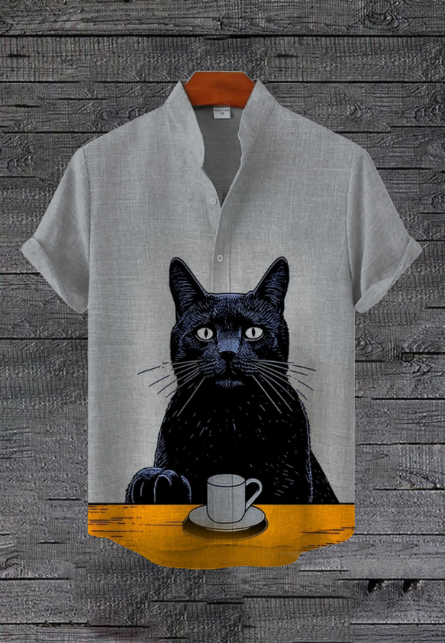 Men's Chill Black Cat With Coffee Art Print Linen Blend Shirt