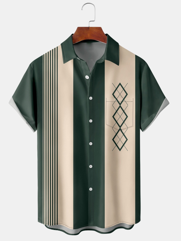 Christmas greetings from Santa Claus delivering gifts on a motorcycle Christmas Chest Pocket Short Sleeve Bowling Shirt