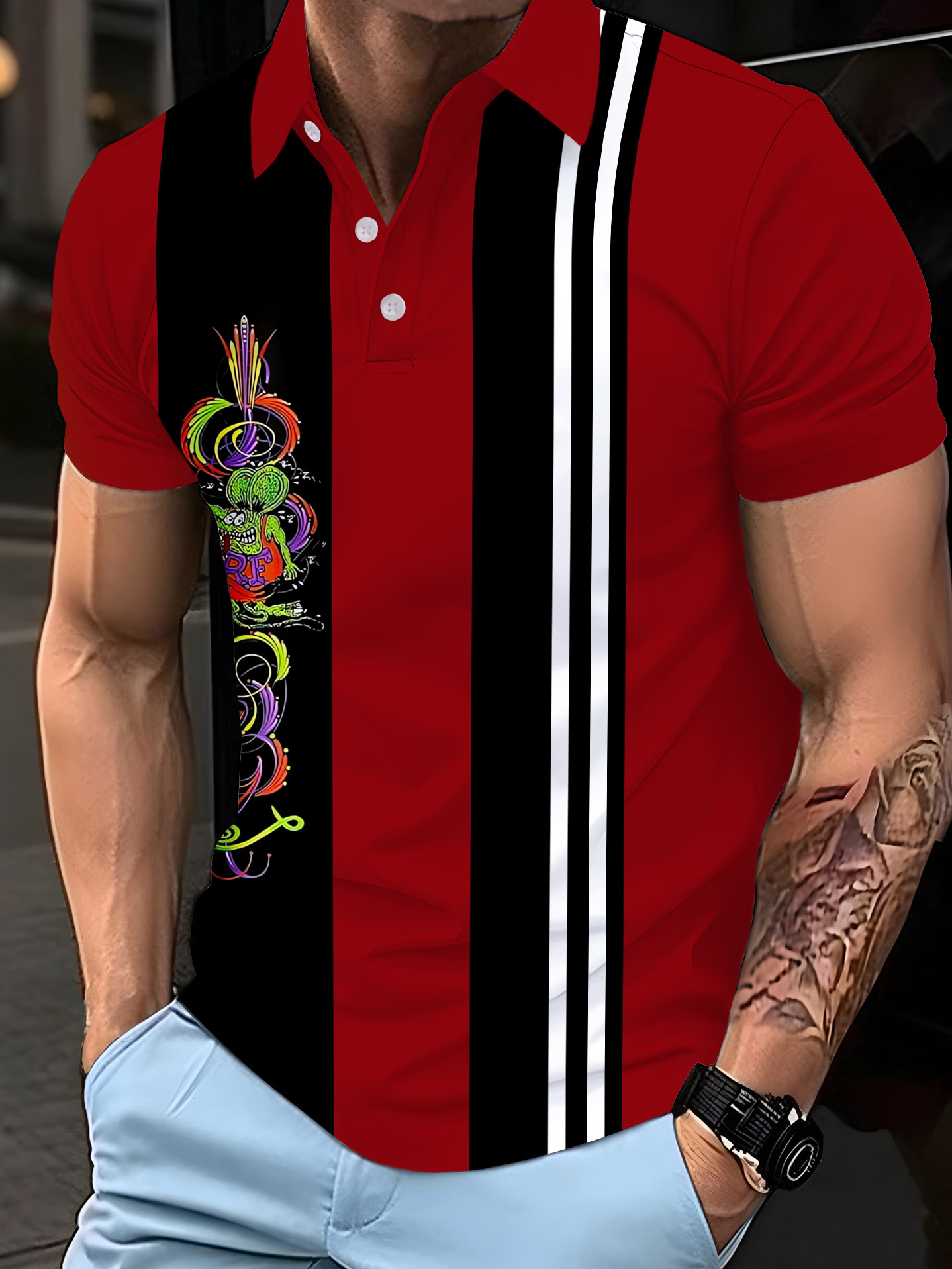 Men‘s retro cartoon car graphic illustration button up polo shirt