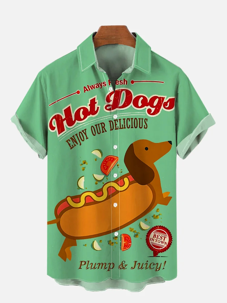 Light Green Retro Cartoon Hot Dog Print Short Sleeve Shirt