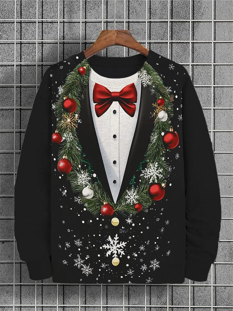 Men's Funny Christmas Mistletoe Wreath Tuxedo Print Casual Sweatshirt
