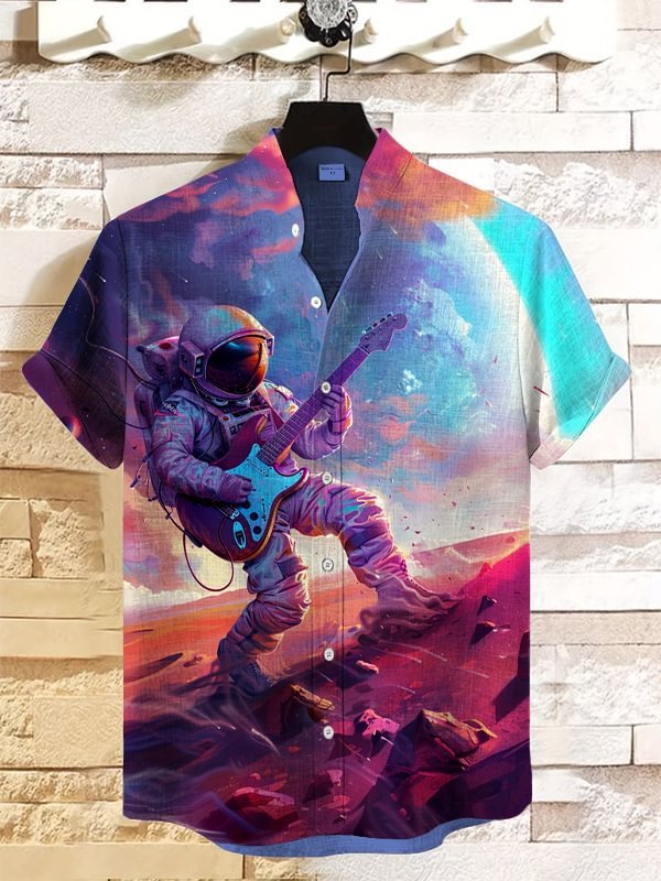 Men's Astronaut Playing Guitar Printed Casual Shirt