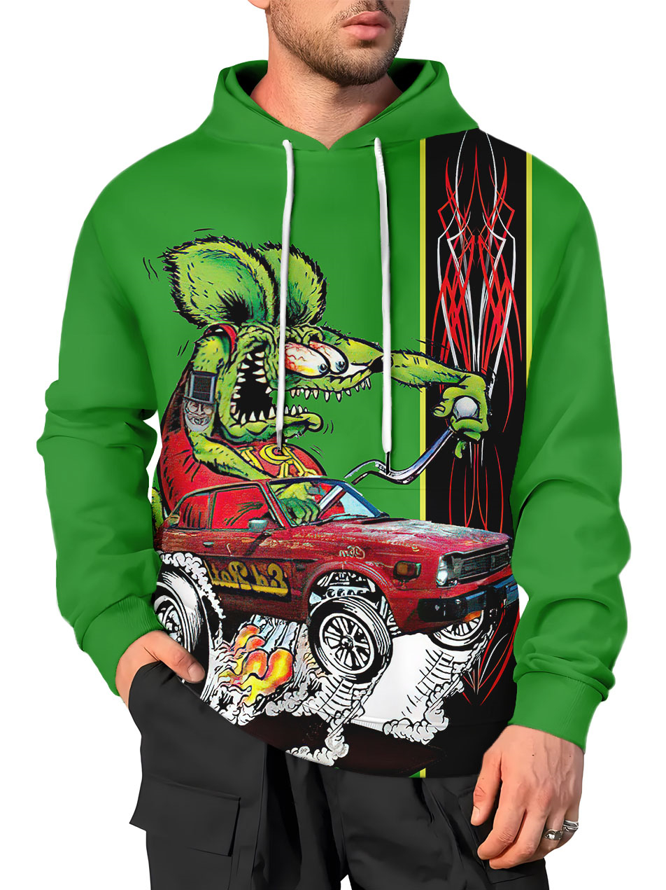 Men's Retro Cartoon Car Graphic Illustration Long Sleeve Hoodie