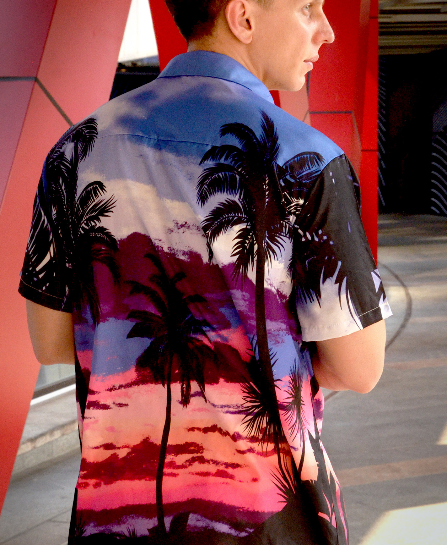 Men's Hawaiian Beach Shirt, Palm Tree Sunset Print, Short Sleeve Button Down, Blue and Purple