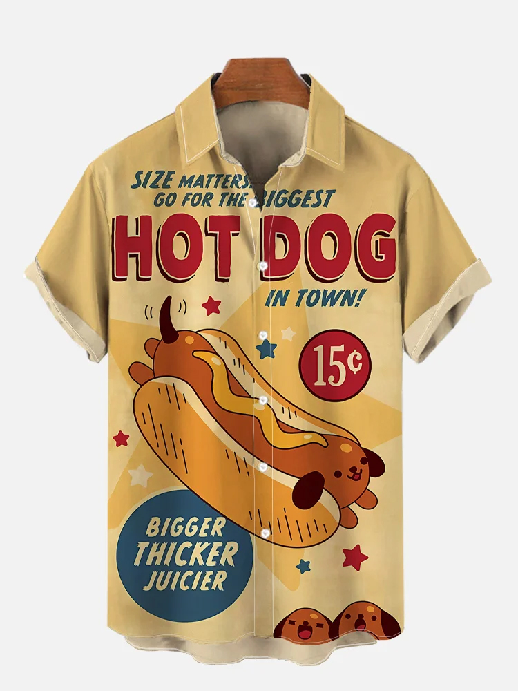 Men's Retro Cartoon Hot Dog Print Short Sleeve Shirt