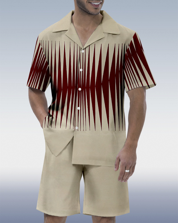 Men's Colorblock Geometric Hawaiian Cuban Collar Short Sleeve Shirt Set