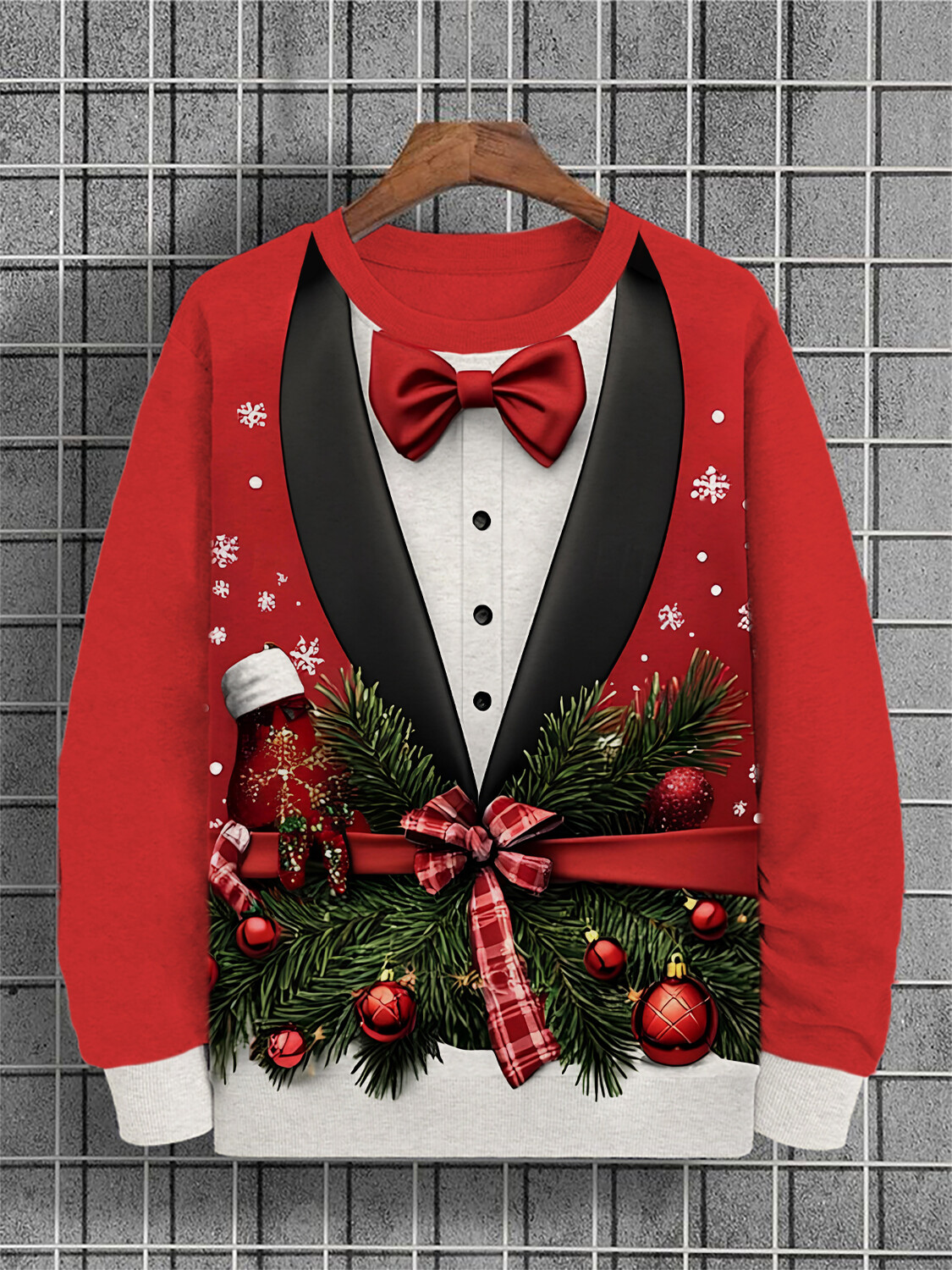 Men's Funny Christmas Mistletoe Wreath Tuxedo Pattern Print Casual Sweatshirt