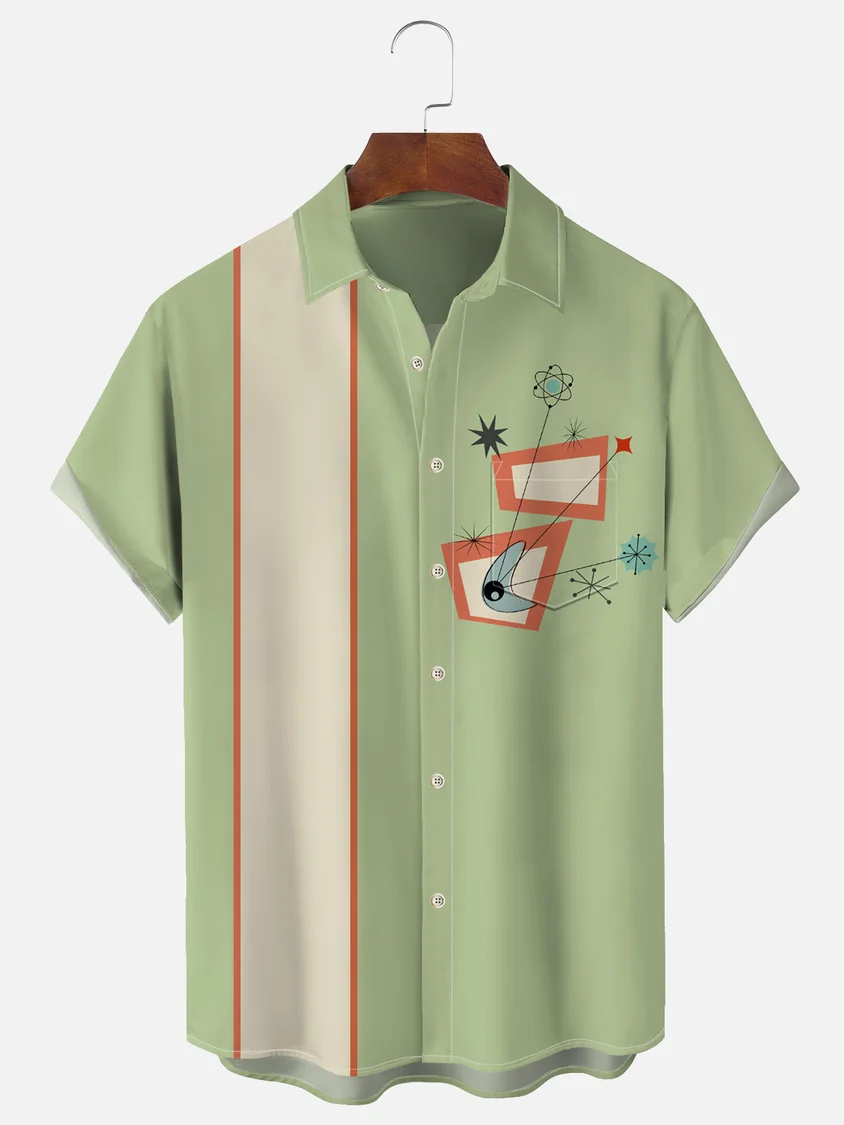 Geometric Contrasting Pocket Flip Collar Bowling Shirt