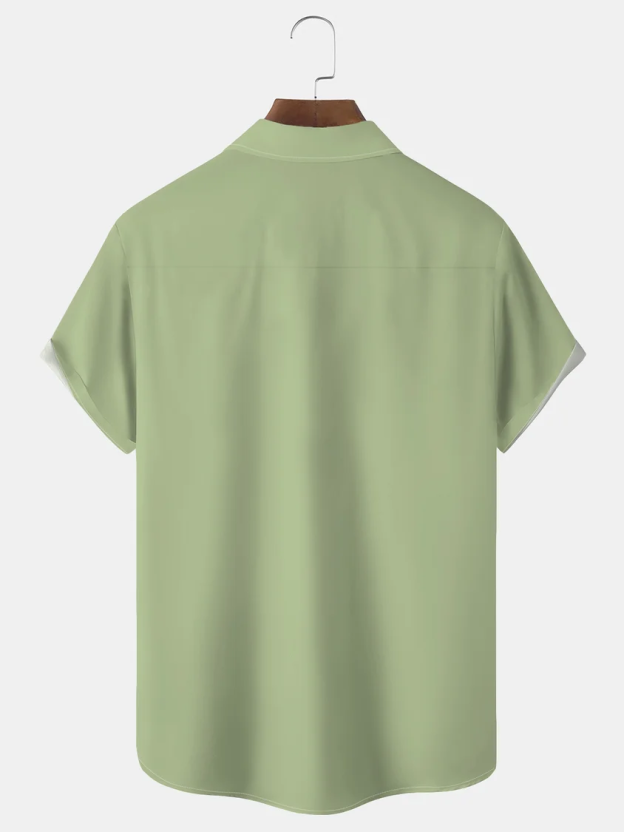 Geometric Contrasting Pocket Flip Collar Bowling Shirt