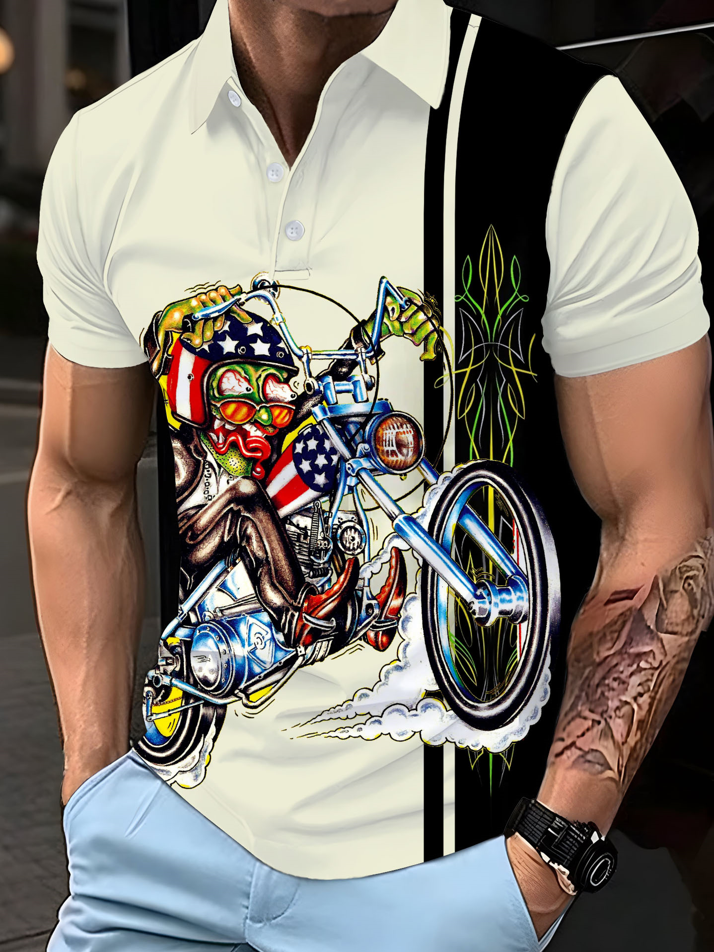 Men‘s retro cartoon car graphic illustration button up polo shirt