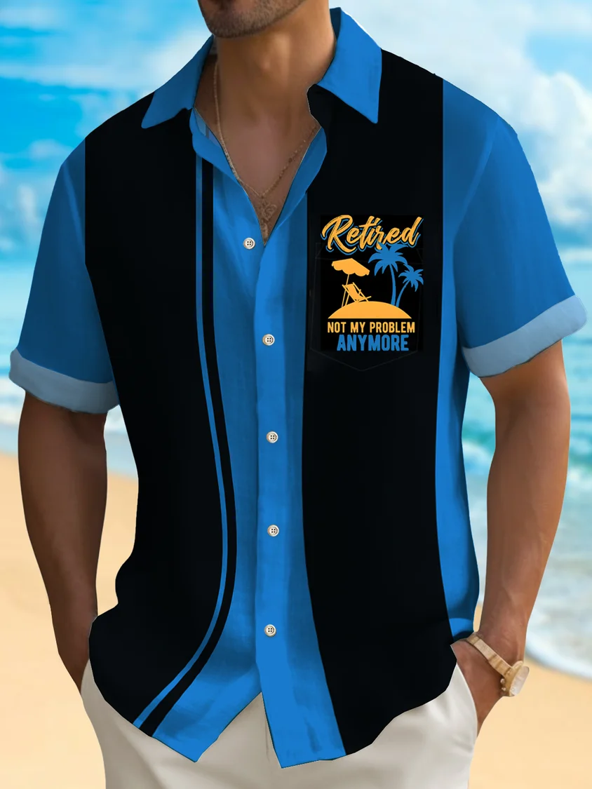 Coconut Tree Contrast Pocket Flip Collar Bowling Shirt