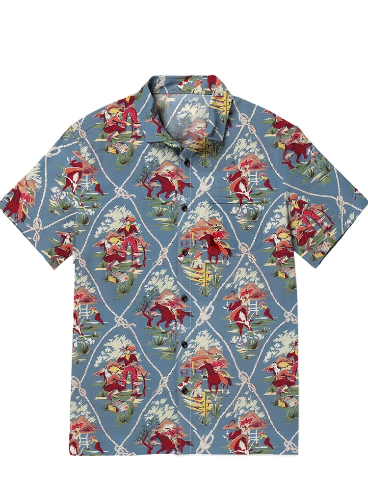 Men's casual retro denim patchwork short sleeved pocket shirt