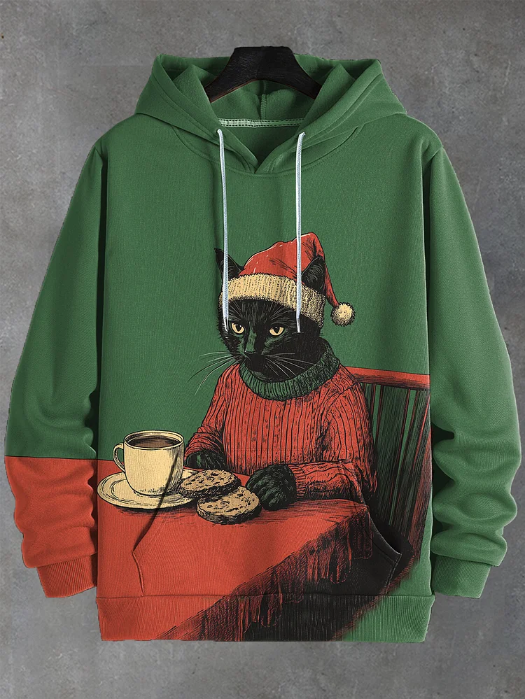 Men's Black Cat In Christmas Sweater Enjoying Afternoon Tea Print Hooded Sweatshirt
