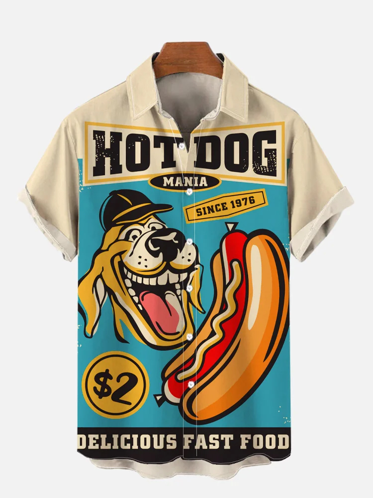 Retro Cartoon Hot Dog Print Casual Short Sleeve Shirt