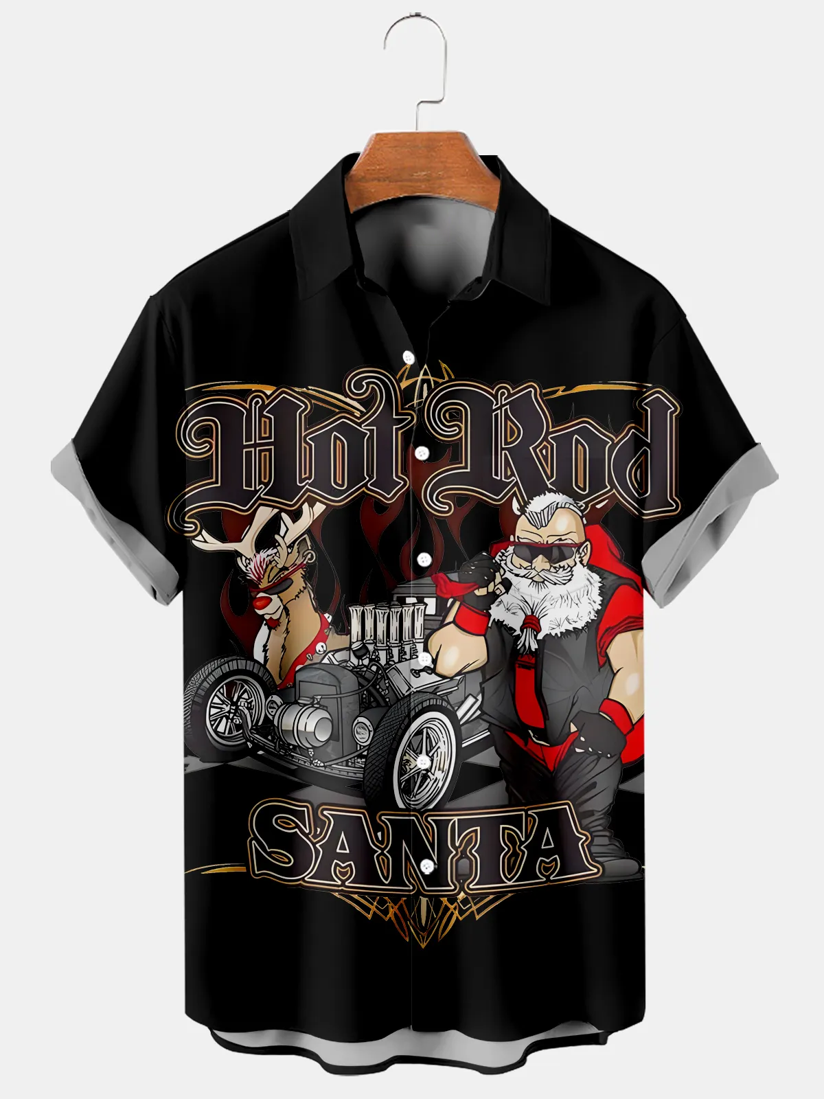 Men's Christmas Fun HOT ROD SANTA Car Printed Short Sleeve Shirt 0378