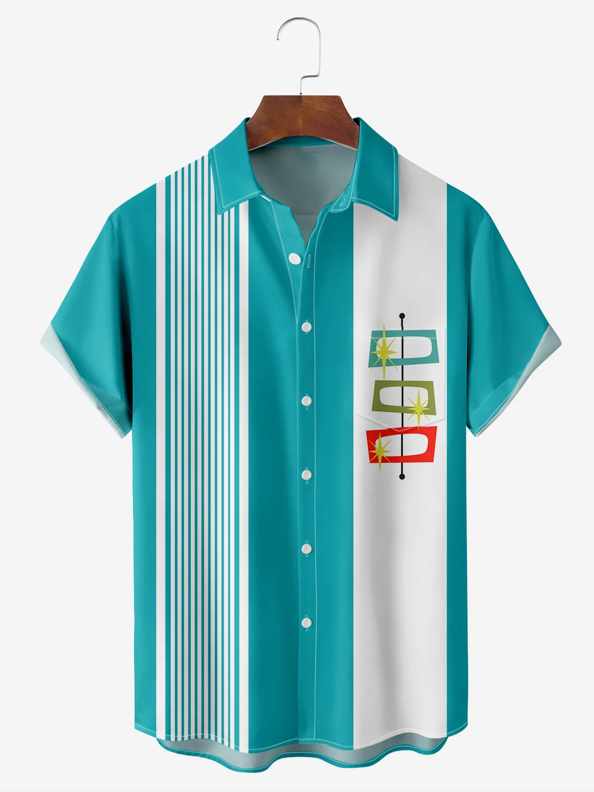 Christmas greetings from Santa Claus delivering gifts on a motorcycle Christmas Chest Pocket Short Sleeve Bowling Shirt