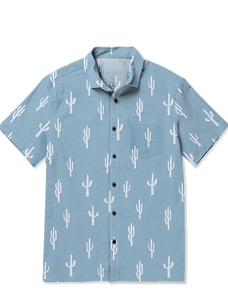 Men's casual western cactus patchwork short sleeved pocket shirt