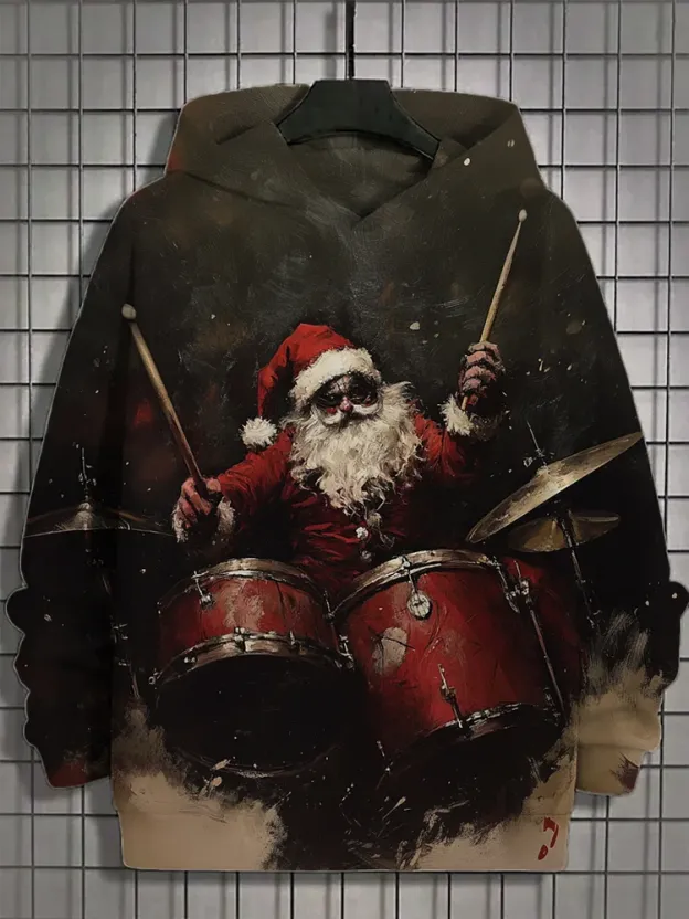 Men's Punk Rock Santa Plays Drum Print Casual Hoodie