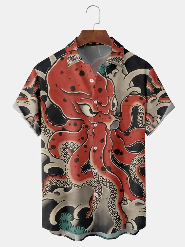 Fydude Men's Octopus Breast Pocket Short Sleeve Hawaiian Shirt