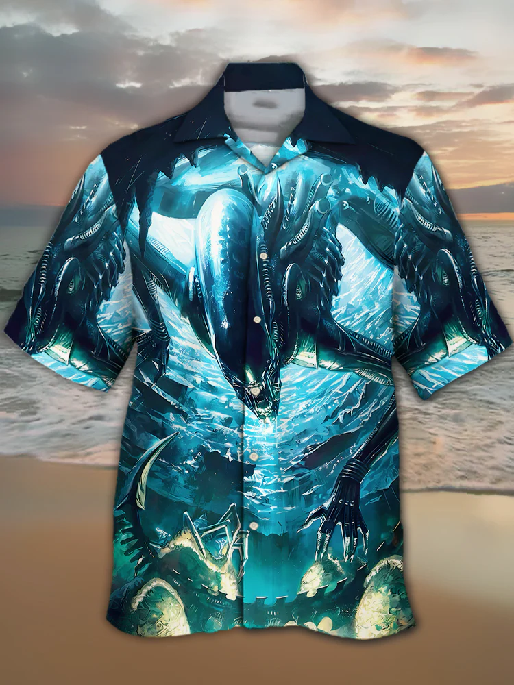 Men's Nostalgic Movie Thriller Monster Cuban Collar Printed Shirt