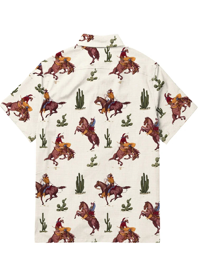 Men's casual western cowboy cactus patchwork short sleeved pocket shirt
