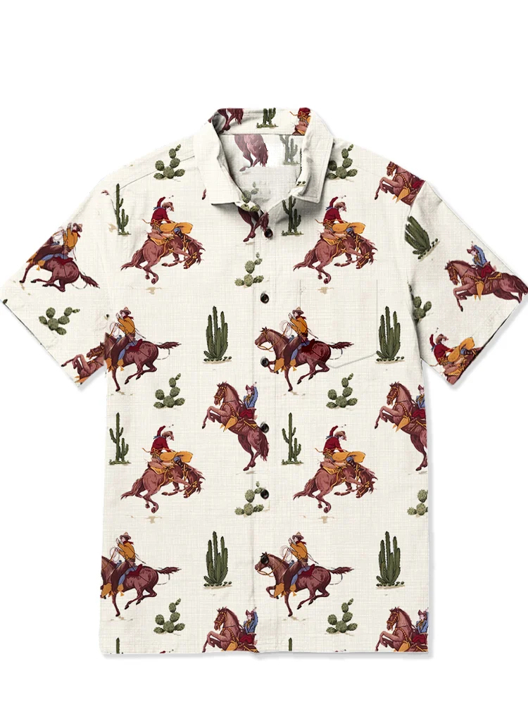 Men's casual western cowboy cactus patchwork short sleeved pocket shirt