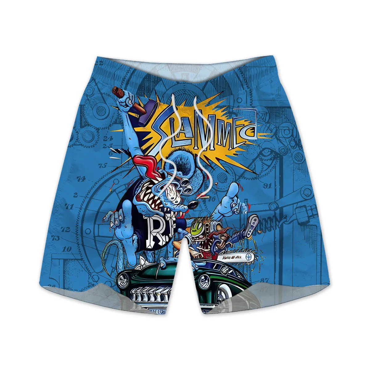 Men's retro cartoon car graphic illustration beach shorts