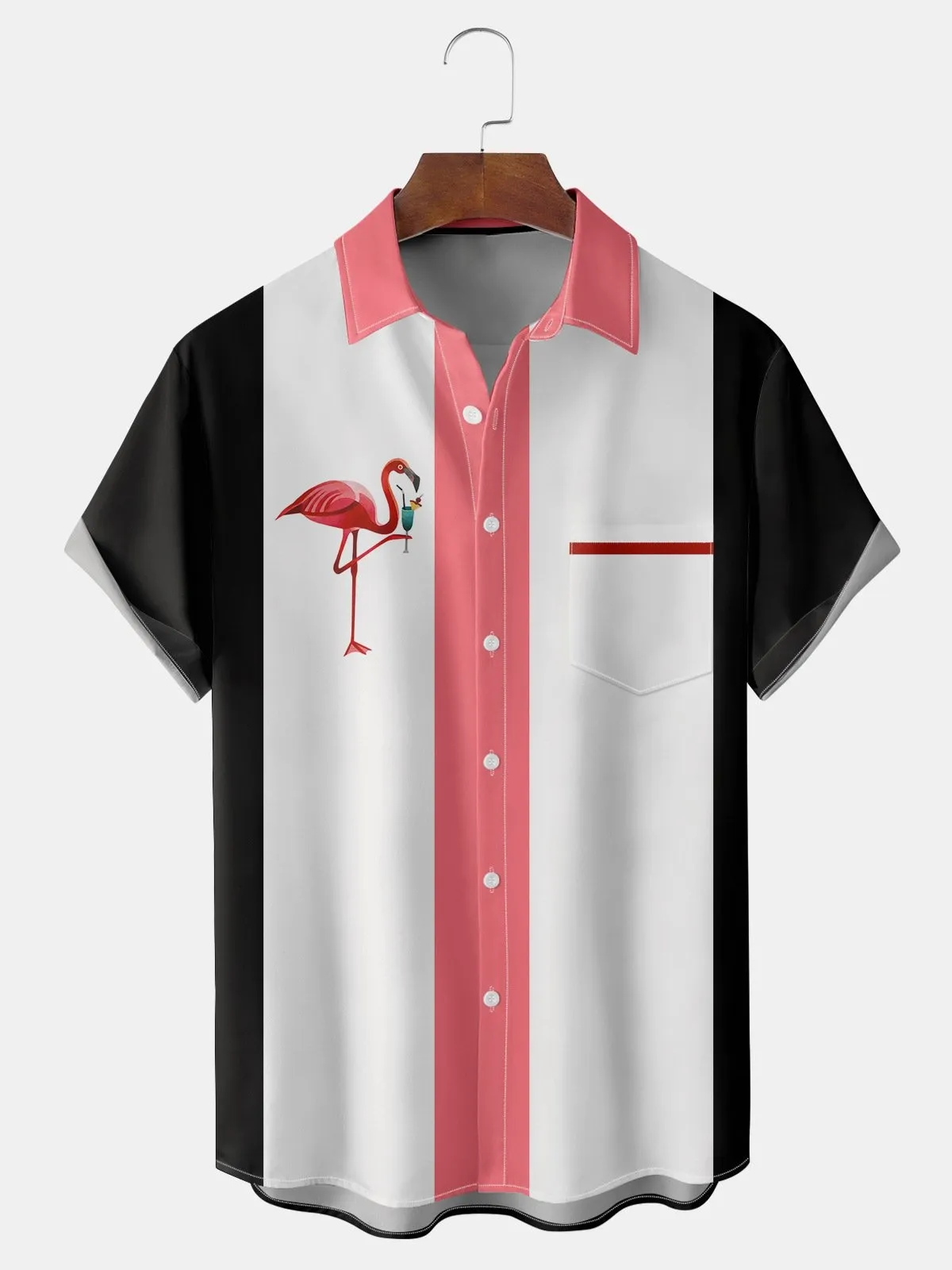 Flamingo Contrasting Pocket Flip Collar Bowling Shirt