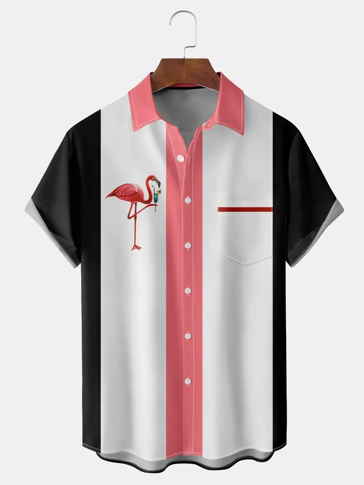Flamingo Contrasting Pocket Flip Collar Bowling Shirt