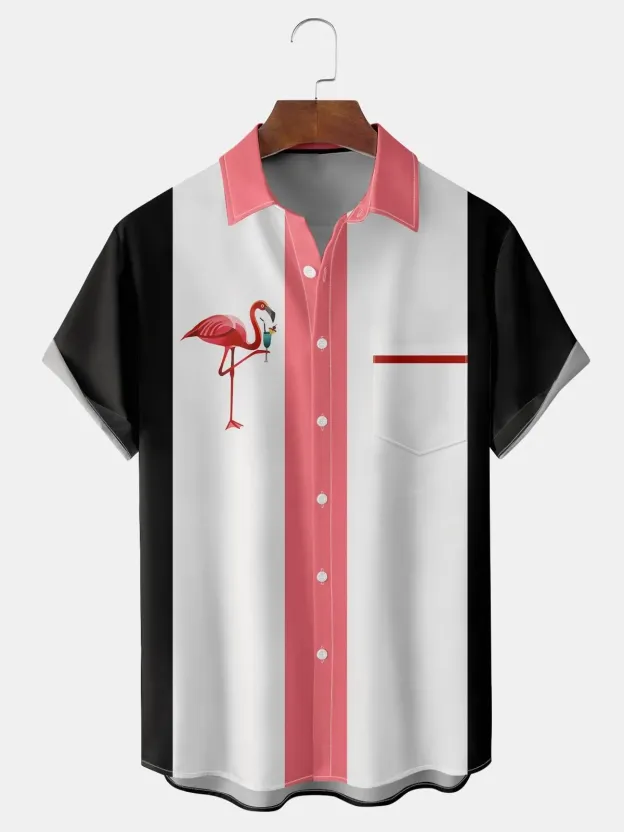Flamingo Contrasting Pocket Flip Collar Bowling Shirt