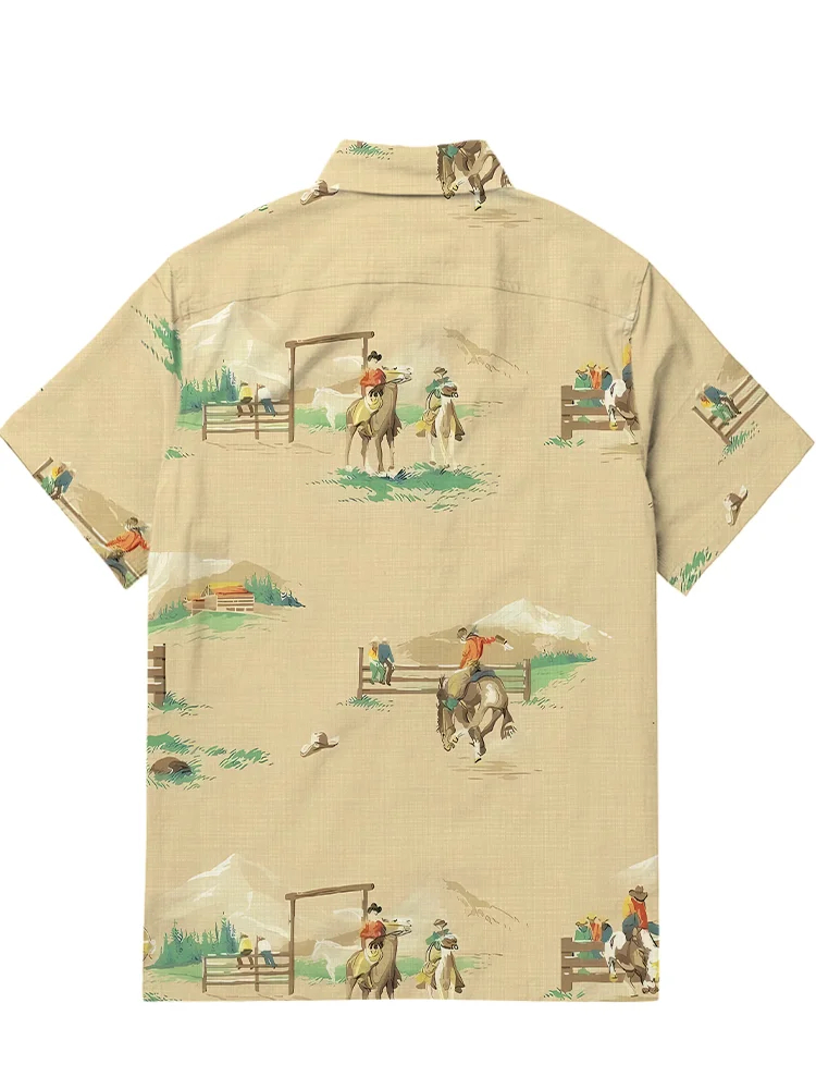 Men's casual western denim patchwork short sleeved pocket shirt